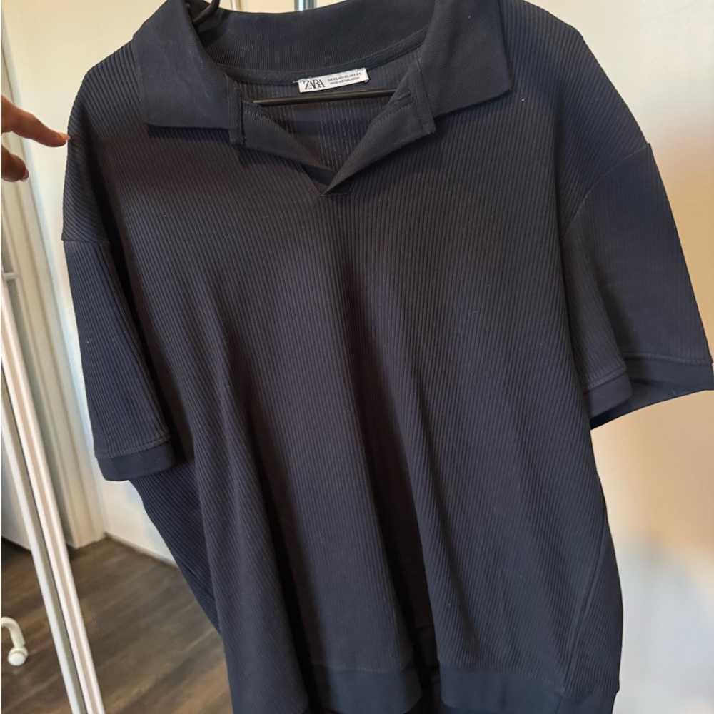Zara Men's Navy Ribbed Texture Polo Shirt